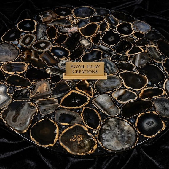 Black  Agate Table Top: Modern Gemstone Furniture Accent
