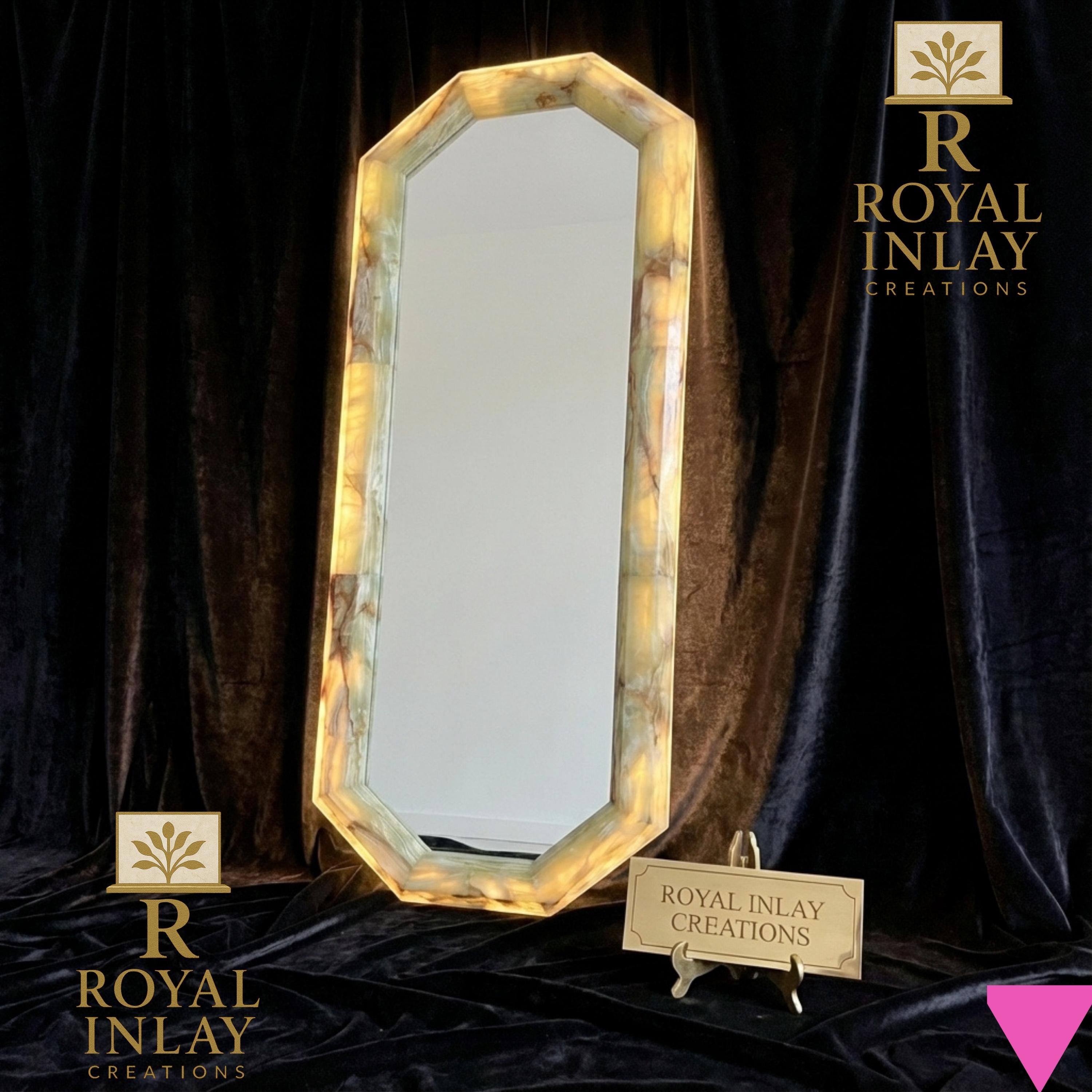 Handcrafted Green Onyx Floor Mirror – Octagonal Gemstone Frame 