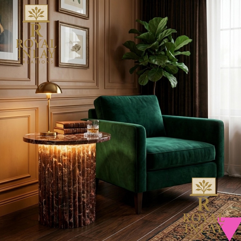 May include: A luxurious interior scene featuring a dark green velvet armchair, a round side table with a marble top and illuminated base, and a brass lamp. The room has dark wood paneling and a large potted plant, creating a sophisticated ambiance.