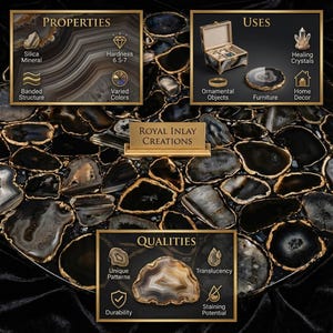 May include: A close-up of a black and gold agate stone table. The table features a mosaic design with unique patterns and varied colors. The image also includes text that reads "Royal Inlay Creations."