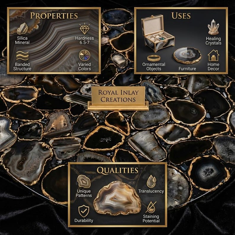 May include: A close-up of a black and gold agate stone table. The table features a mosaic design with unique patterns and varied colors. The image also includes text that reads "Royal Inlay Creations."