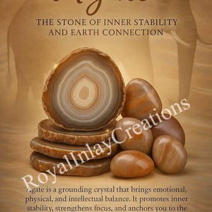 May include: An image featuring agate stones, showcasing a variety of shapes and sizes. The image includes text that reads "Agate" and "The Stone of Inner Stability and Earth Connection". The stones are in shades of brown and beige.