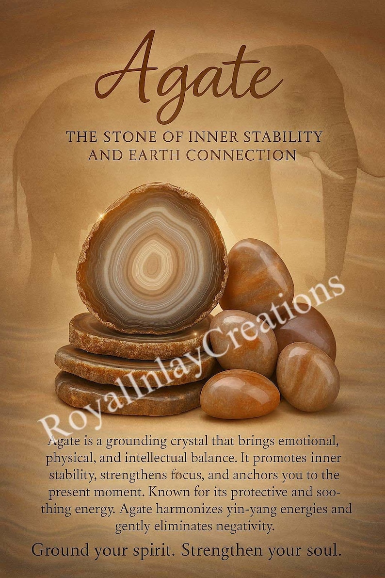 May include: An image featuring agate stones, showcasing a variety of shapes and sizes. The image includes text that reads "Agate" and "The Stone of Inner Stability and Earth Connection". The stones are in shades of brown and beige.