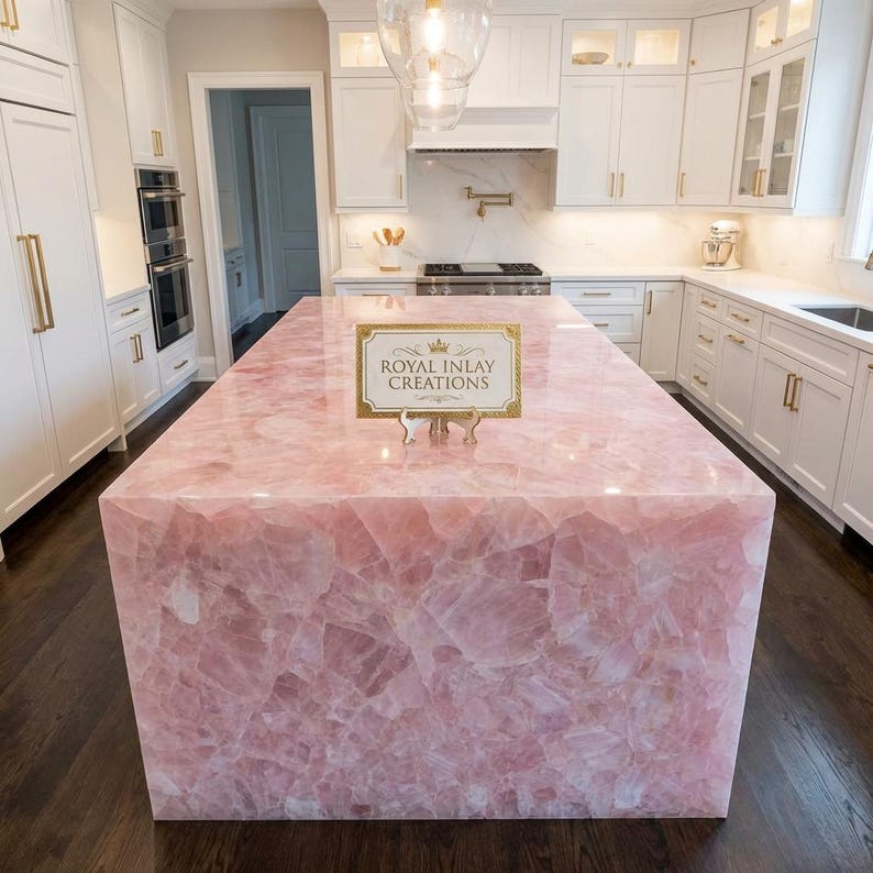 Encimera de cuarzo rosa de lujo: encimera pulida de piedra preciosa rosa para isla de cocina imagen 4
