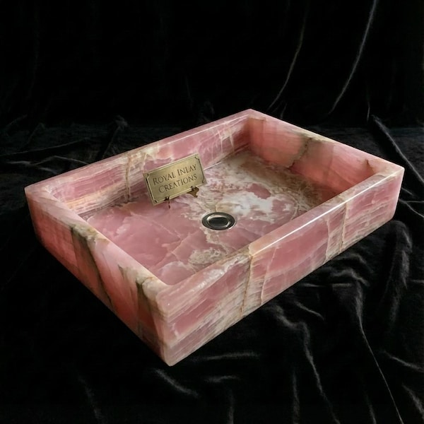 Handgesneden roze onyx wasbak | Doorschijnende stenen bekken