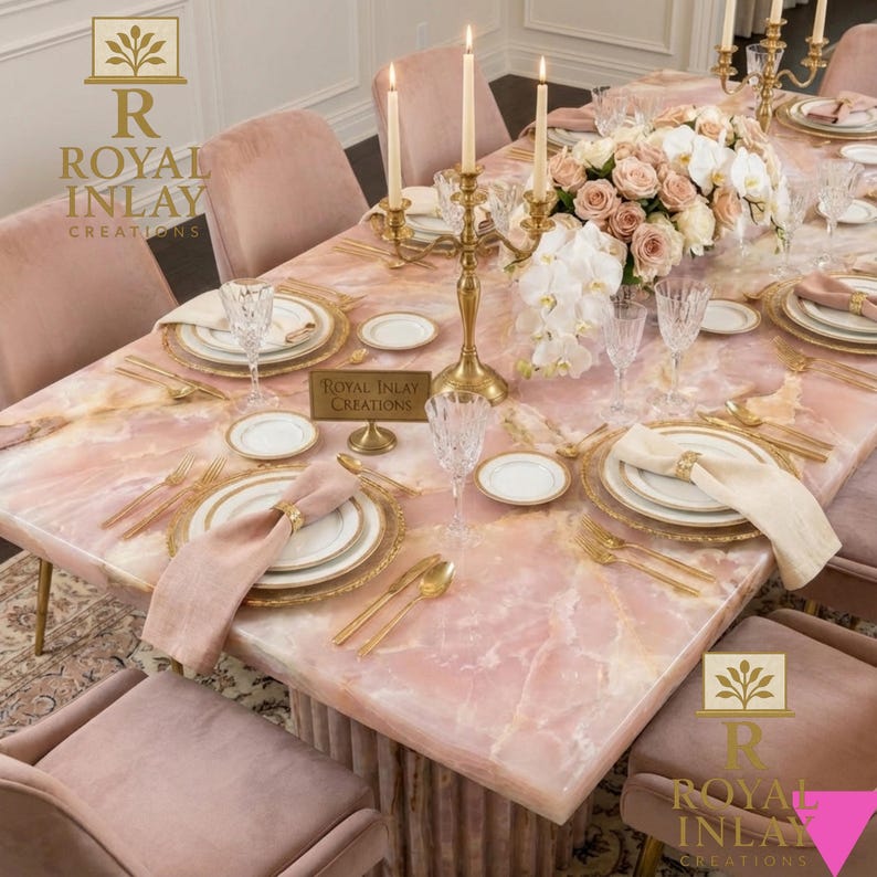 May include: A formal dining table set for a special occasion. The table features a pink marble top, gold-rimmed plates, gold cutlery, and pink napkins. The centerpiece includes a floral arrangement and lit candles. The chairs are upholstered in pink velvet.