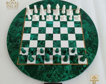 Luxury Malachite Chess Set: Hand-Carved Gemstone Board with Marble Pieces