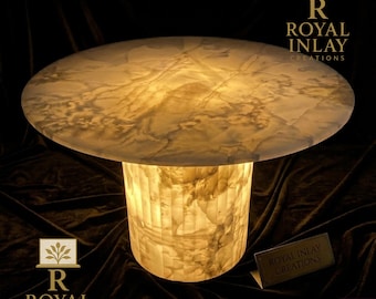 Round White Onyx Coffee Table | Translucent Natural Stone Plinth | Modern Minimalist Pedestal Center Table | Luxury Bespoke Stone Furniture
