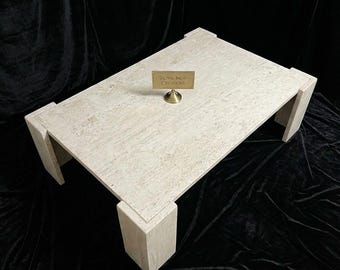 Beige Travertine Coffee Table | Minimalist Block Leg Design
