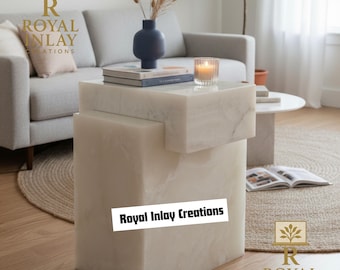 Handcrafted Onyx Crystal Pedestal Table |  Geometric Sculpture for Home Decor