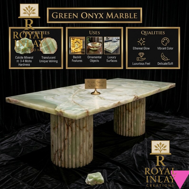 May include: A rectangular green onyx marble table with two cylindrical column supports. The table features unique veining and is labeled "Green Onyx Marble." Additional text describes the marble's properties and uses, including backlit features and luxury surfaces.