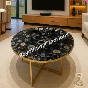 Black Agate Coffee Table: Handcrafted Gemstone Tabletop, Golden Base