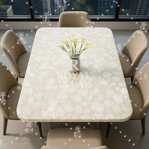 White Quartz dining table, contemporary decor, gemstone furniture, luxury home accent, natural stone centerpiece