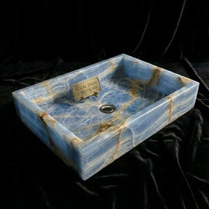 Hand-Carved Royal  Blue Onyx Vessel Sink | Translucent Stone Basin