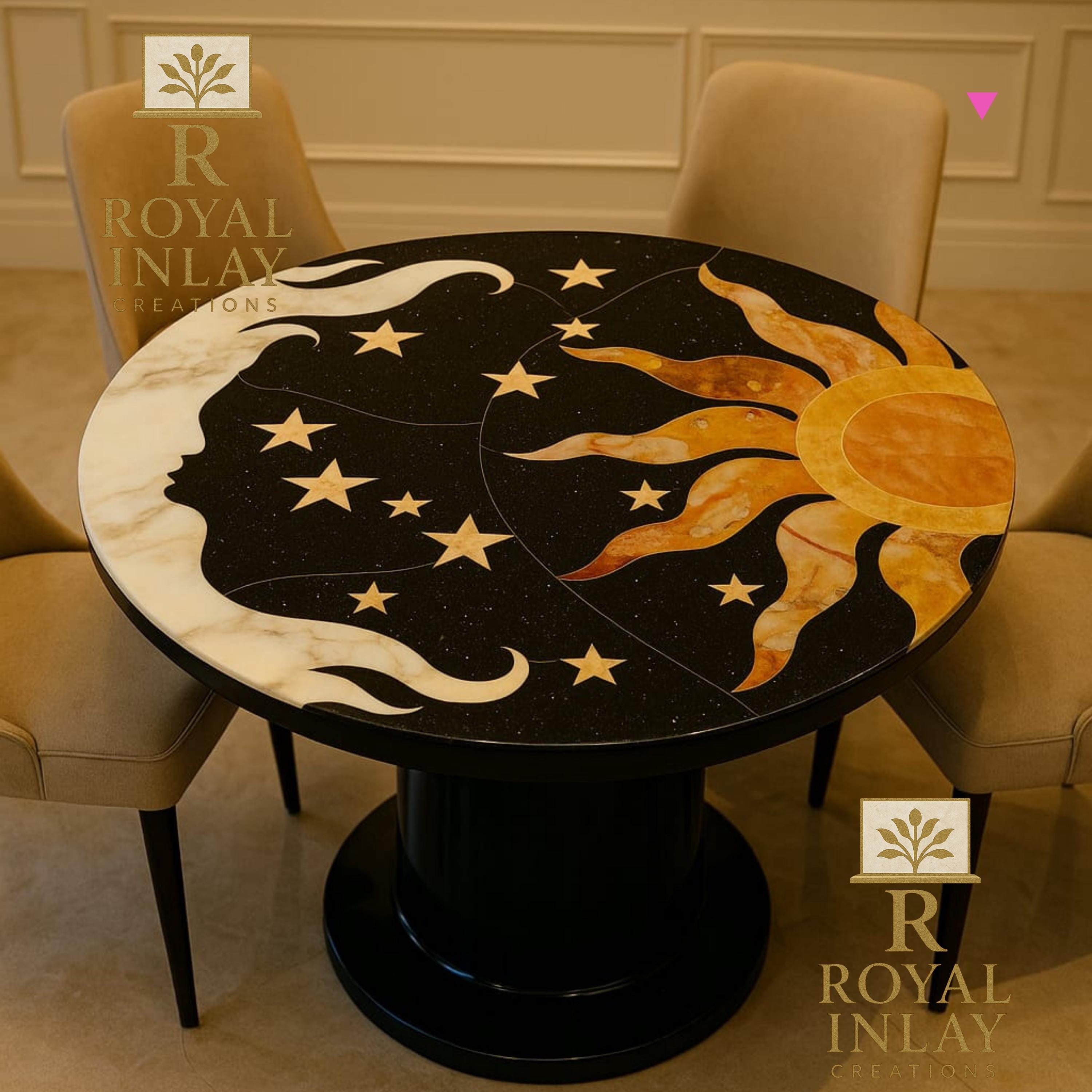 太陽と月テーブル/太陽・月・星をモチーフにした幻想的なテーブル・カフェテーブル 天体大理石象嵌テーブルトップ：太陽、月、星の宇宙デザイン - Etsy 日本