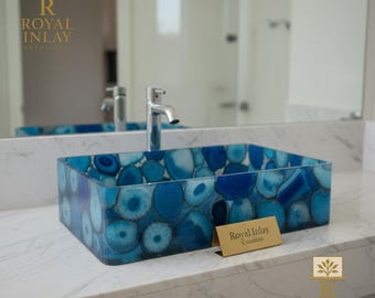 Regal Blue Agate Stone Vessel Sink: Luxury Gemstone Bathroom Basin