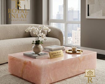 Pink Onyx Coffee Table | Large Rectangular Stone Plinth | Luxury Natural Stone Centerpiece | Modern Minimalist Soft Pink Marble Furniture