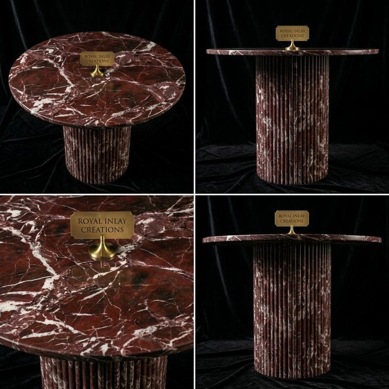 Puede incluir: Mesa redonda de m&aacute;rmol con un patr&oacute;n veteado rojo oscuro y blanco. La mesa tiene una base cil&iacute;ndrica con ranuras verticales. Una peque&ntilde;a placa de lat&oacute;n con "ROYAL INLAY CREATIONS" est&aacute; adjunta.