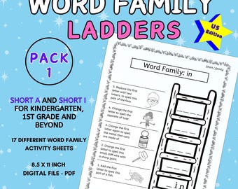 Word Family Ladders K-1 PACCHETTO 1: Schede di attività per la famiglia di parole Common Core Short A e Short I per età 4+ / Edizione USA