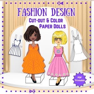 Bambole e vestiti di carta da colorare e ritagliare, modelli di moda, PDF stampabili, download digitale, schede di attività per feste di gioco per bambini dai 5 anni in su