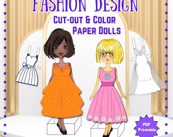 Mode-Design Farbe und Cut-Out Papier Puppen und Kleidung PDF Printable, Digital Download Playdate Party Aktivitäten Blätter für Kinder ab 5 Jahren