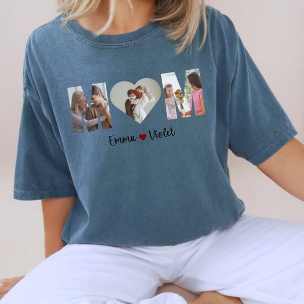 MOM Design T-Shirt Customizable with Photos and Names, Gift for Mom, Vintage Style Shirt, Garment Dyed Unisex T-Shirt