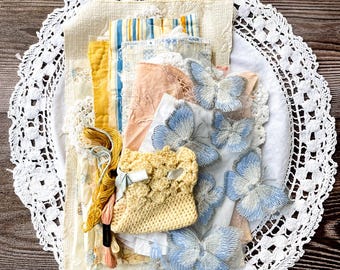 Vintage Fabric Bundle for Journals, Slow Stitch, Shabby Quilt Scraps