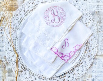 Vintage Embroidered Hankies Set, Pink and White