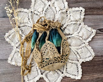 Antique ladies handmade crochet and green silk draw string bag