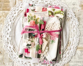 Vintage Pink Green Roses Cotton Fabric Bundle, Junk Journal, Sewing, Textile Arts