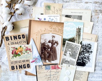 Antique ephemera and photograph bundle for junk journals, collage, mixed media art Lady theme