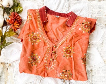 Vintage orange Indian embroidered ladies dress, Size 34, sequined dress, Indian ladies dress
