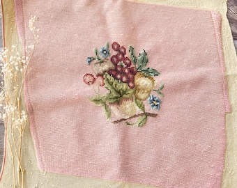 Vintage Pink Needlepoint Panel: Dusty Rose Textile Art