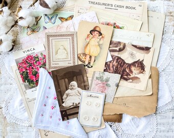 Antique ephemera and photograph bundle for junk journals, collage, mixed media art, Baby theme