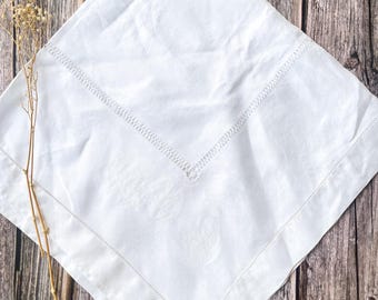 Vintage white linen drawn lacework tablecloth