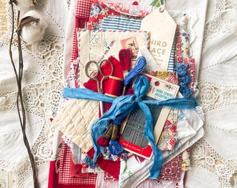 Vintage Fabric Bundle, Country Sampler, Feed Sack Cottons, Slow Stitch Textile Arts
