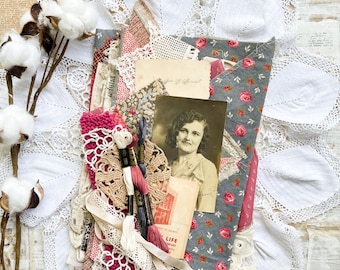 Antique Quilt Fabric Bundle, Pink and Grey, Cutter Pieces, Slow Stitch Kit, Textile Arts