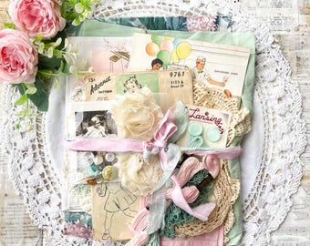 Vintage Pink Teal Fabric Bundle, Sewing Pattern, Junk Journal Ephemera