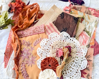 Vintage Autumn Rose Fabric Bundle, Slow Stitch Kit, Junk Journals, Textile Arts
