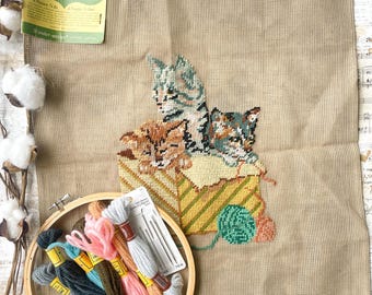 Vintage Bucilla Cat Needlepoint Kit, DMC Wool Yarn, Sewing Needles, Craft Supplies