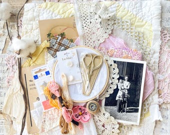 Vintage quilt fabric bundle sewing embroidery kit, slow stitch, textile arts