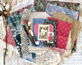 Vintage fabric bundle, ephemera, junk journal kit, sewing, slow stitch, textile arts