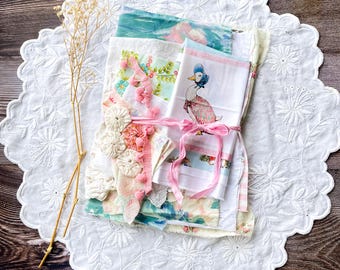 Bundle of Easter rabbit fabrics for journals, slow stitching, textile arts