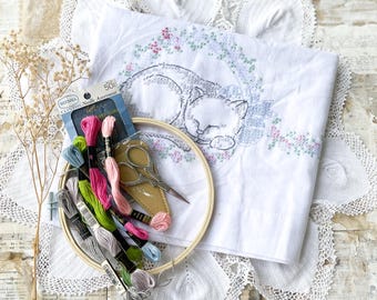 Vintage Herrschner's Cat Embroidery Pillowcase Kit, DMC Floss, Scissors, Hoop