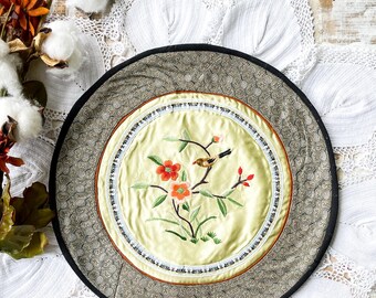 Vintage silk Oriental style round embroidered table mat, birds, flowers, leaves