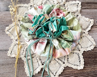 Floral Cotton Drawstring Pouch - Turquoise, Pink & Green