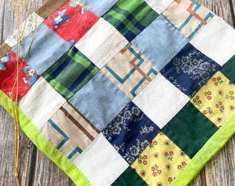 Vintage Handmade Quilt, Colorful Square Pattern, Reversible, Lightweight Home Decor