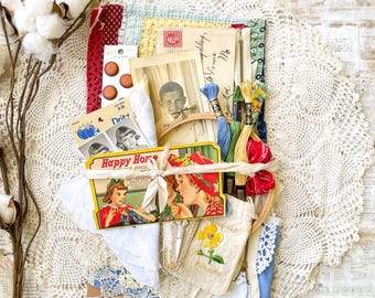 Vintage Quilt Fabric Bundle, Feed Sack Cottons, Sewing Kit, Textile Arts, Junk Journal Supplies