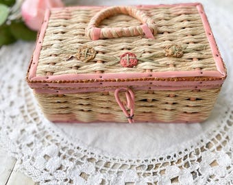 Vintage Pink Wicker Sewing Basket with Notions, Shabby Chic Treasure Box