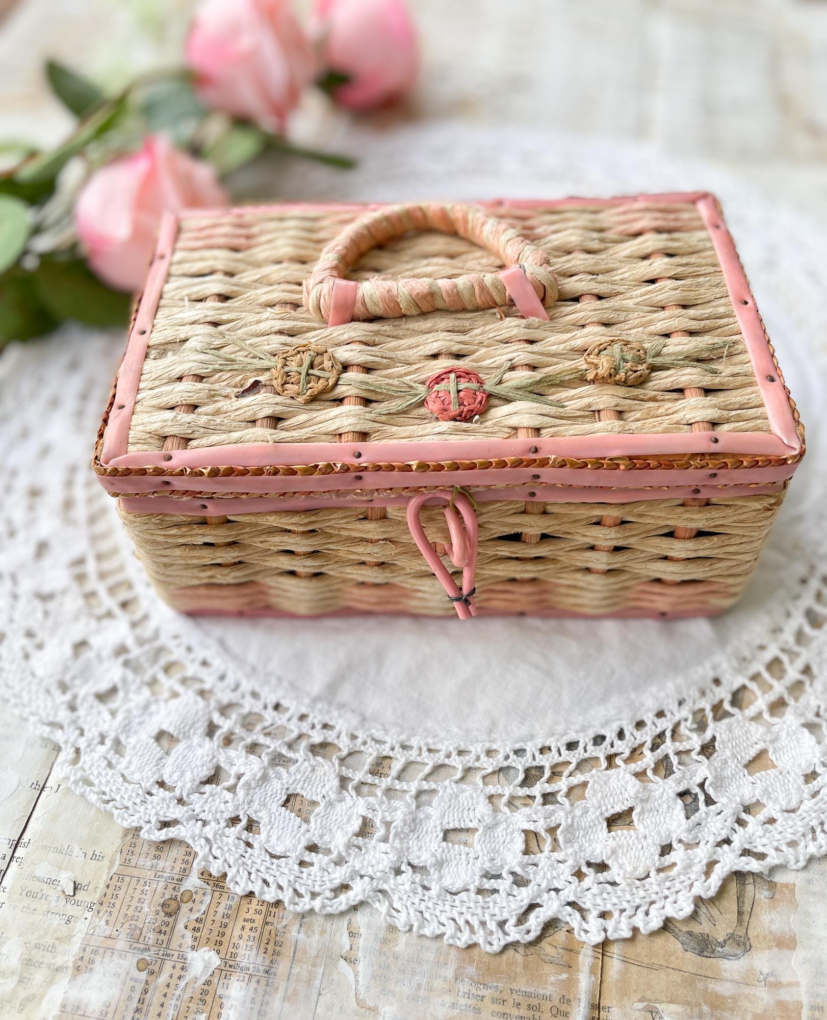 Vintage Pink Wicker Sewing Basket - Etsy